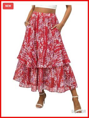 Women's Floral Flowy Tiered Ruffle A-Line Maxi Skirt with Pockets